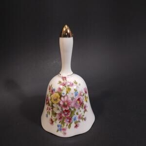 Beautiful Vintage Porcelain Wildflower Rose Floral Dinner Bell Gold Tip & Trim